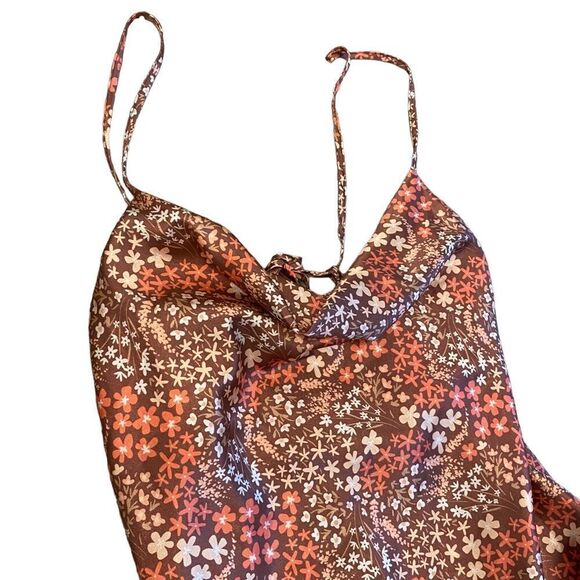 Birch And Stone Satiny Slip Rust Orange Ditsy Star Cami Mini Slip Dress - Picture 3 of 9